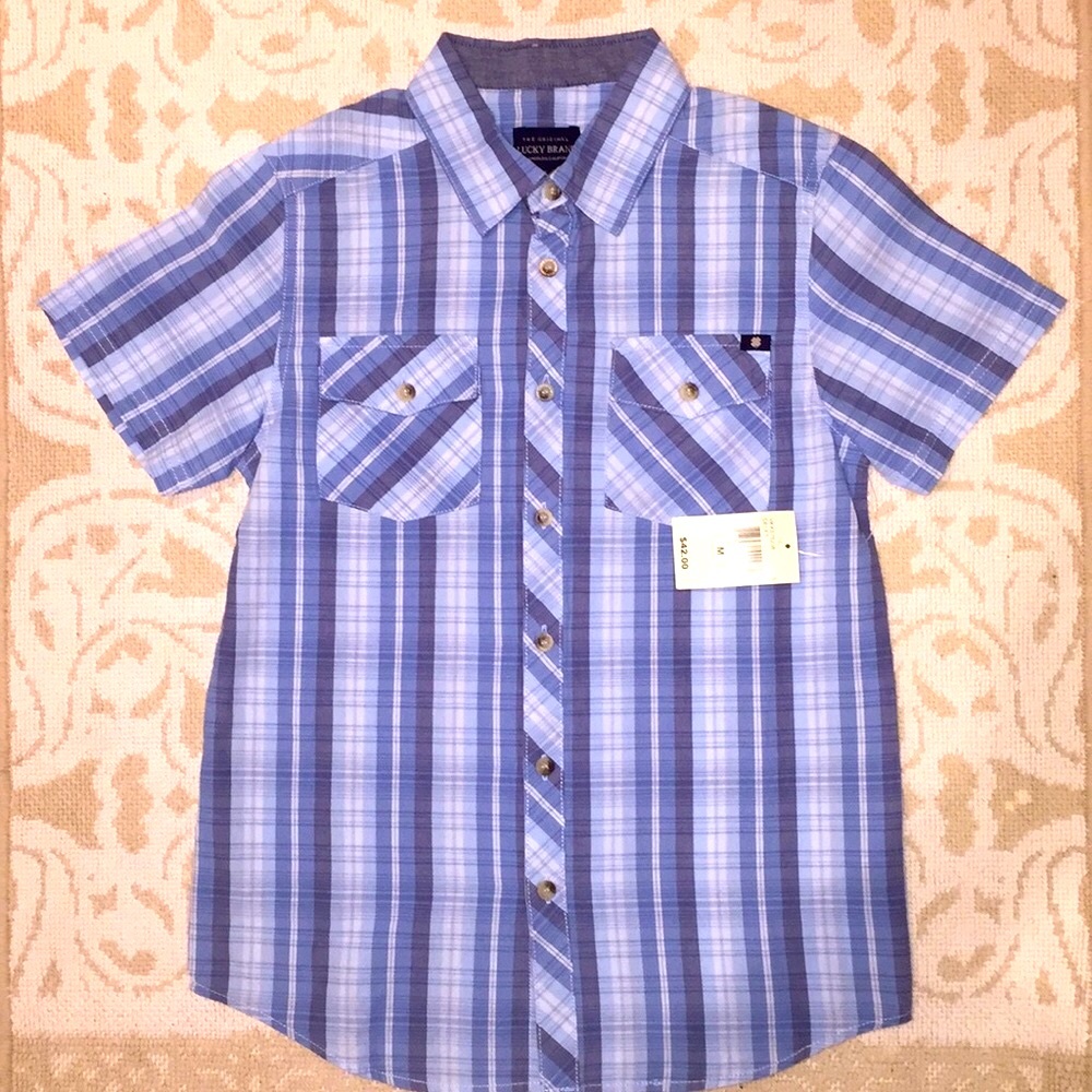 NEW LUCKY Boys Blue/White Striped Short Sleeve-M
